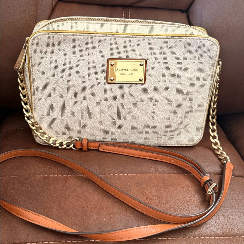 Michael Kors Beige Logo Crossbody with Brown Leather Strap and Gold Hardware